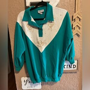 Vintage 80s Bonnie Blair Teal Gold Blouse Embroidered Cottage Women’s Large